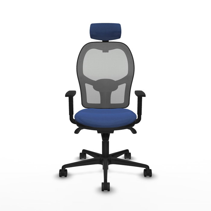 Silla de oficina Jorquera con mecanismo Sincro tapizada con Tela color Azul marino y malla color Gris. Equipada con lumbar 1D, Brazos 1D, Cabecero 2D y Ruedas 65mm nailon