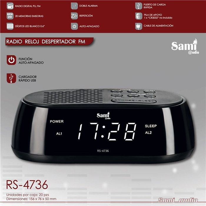 SAMI Radio reloj compacto PLL AM/FM con pantalla de 0.6 pulgadas y sleep-timer