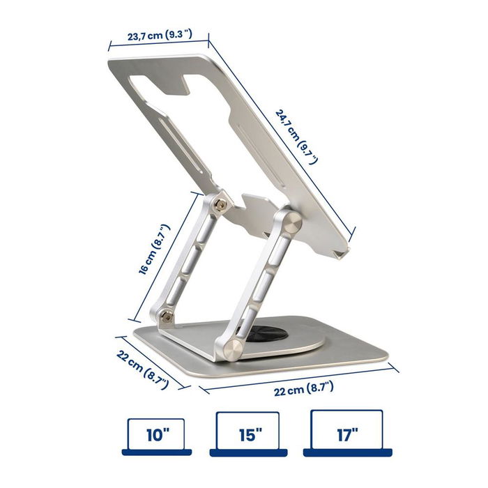 Ewent EW1267 Soporte Portátil Ergonómico de Aluminio con Base Giratoria 360° para Portátiles hasta 17.3 Pulgadas, Ajustable en Altura y Ángulo, Ventilación Mejorada