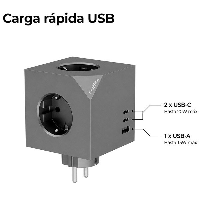 COOLBOX CUBIK Base de 3 Enchufes con Carga USB-C PD y USB-A Negra