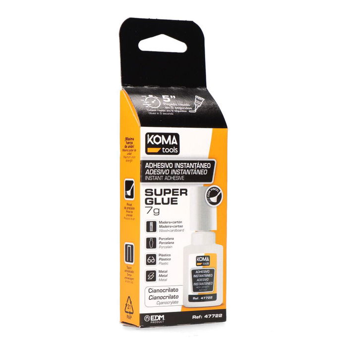 Koma Tools Adhesivo Instantáneo Cianocrilato Multisuperficies 7 g con Pincel, Pegado Rápido 5 Segundos, Resistente al Agua