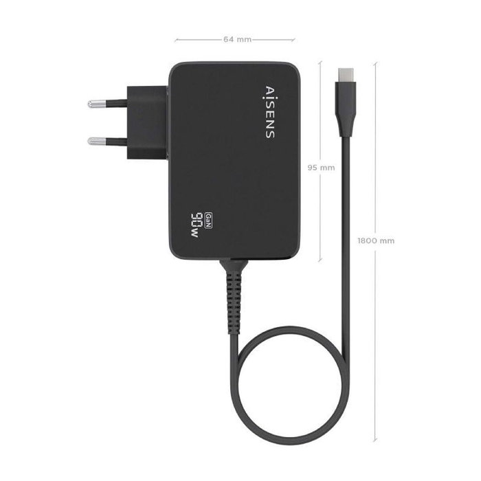 Aisens Cargador GaN 90W PD3.0 USB-C Negro con Cable 1.8m ASCH-1PD90WL034-BK