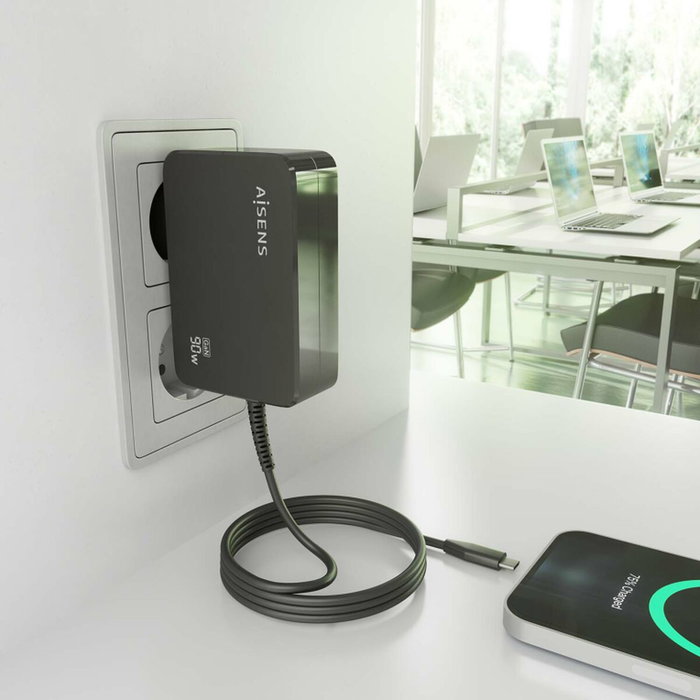 Aisens Cargador GaN 90W PD3.0 USB-C Negro con Cable 1.8m ASCH-1PD90WL034-BK