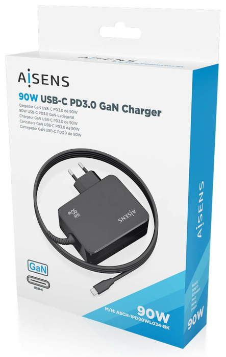Aisens Cargador GaN 90W PD3.0 USB-C Negro con Cable 1.8m ASCH-1PD90WL034-BK