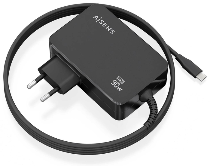 Aisens Cargador GaN 90W PD3.0 USB-C Negro con Cable 1.8m ASCH-1PD90WL034-BK