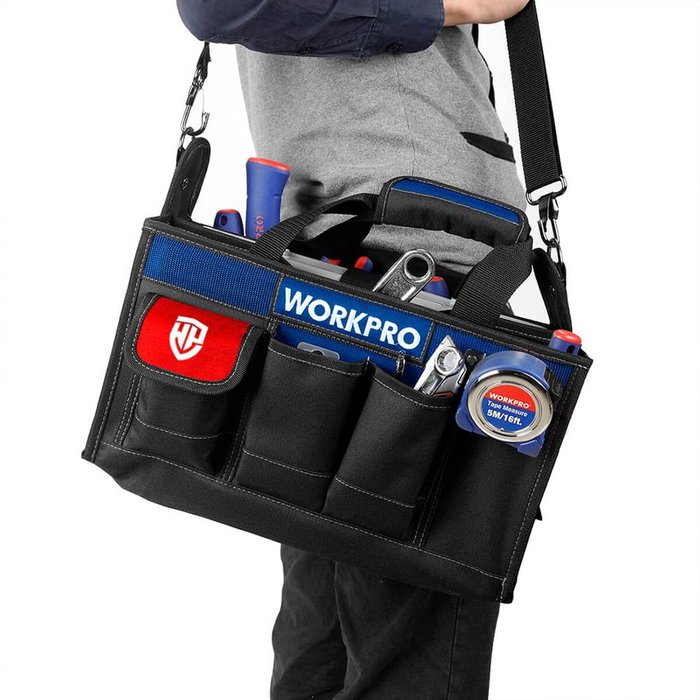 Workpro Bolsa de herramientas con correa y múltiples bolsillos, 39 x 22 x 29 cm
