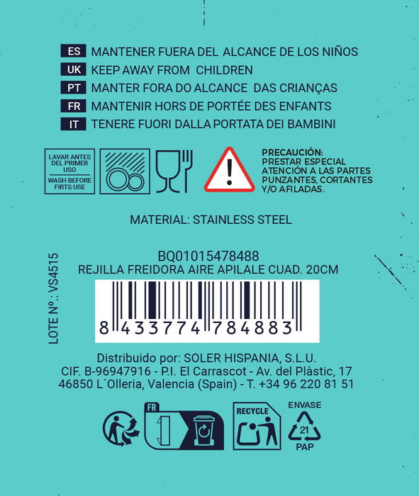 Inde Rejilla para Freidora de Aire Apilable, Cuadrada, 20 cm - Ideal para Cocinar y Horneado (12 Unidades) Inde Rejilla para Freidora de Aire Apilable, Cuadrada, 20 cm - Ideal para Cocinar y Horneado (12 Unidades)