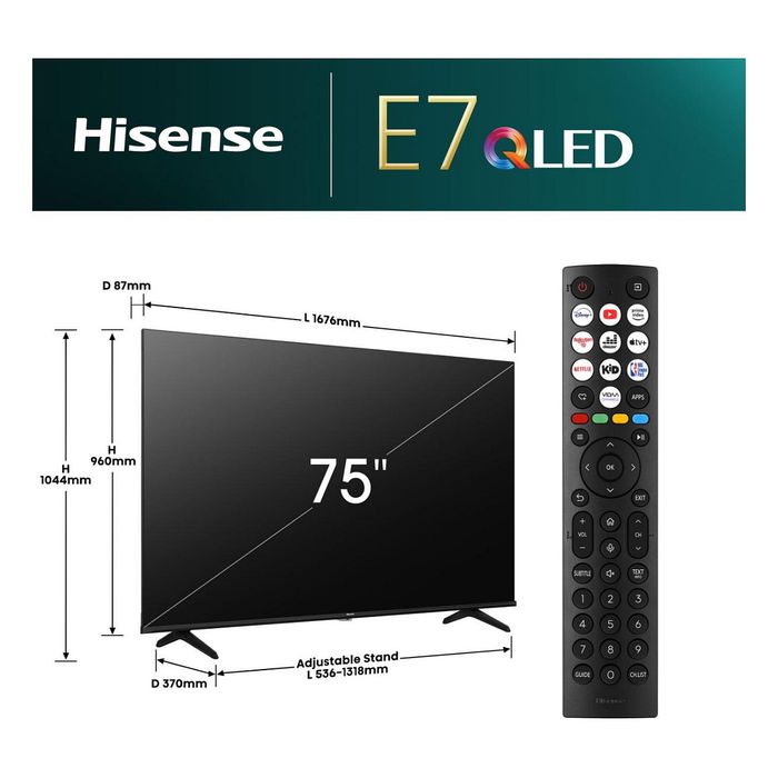 Hisense 75E77NQ | Televisor 75" (190,5 cm) 4K Ultra HD QLED Smart TV, 144 Hz, HDR10+, Dolby Atmos, VIDAA, Wi-Fi, Bluetooth, Negro