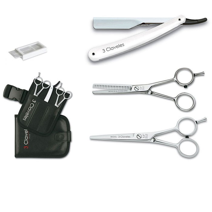 Tres Claveles Estuche 2 Tijeras de Peluquería 5.5" y Navaja 3C Acero Inoxidable Forjado en Caliente