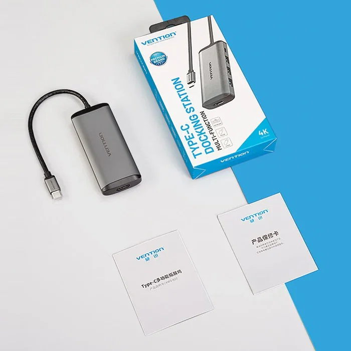 Vention CNBHB Concentrador USB-C 5 en 1 Base para Portátil con HDMI 4K@30Hz, PD 100W, 3 Puertos USB 3.0 - Hub USB Tipo-C Gris