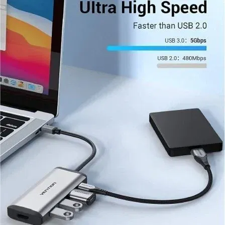 Vention CNBHB Docking USB Tipo-C 5 en 1 con HDMI 4K, 3 USB 3.0 y USB-C PD 100W Gris