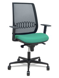 Silla de oficina Alares con mecanismo Sincro tapizada con Tela color Verde esmeralda y malla color Negro. Equipada con lumbar 1D, Brazos 1D y Ruedas 65mm nailon