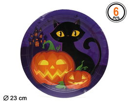 Pack 6 Platos Halloween Calabaza Y Gato Negro 23 cm para Fiestas Temáticas