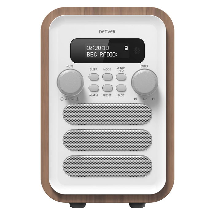 Denver DAB-48 Radio Digital Personal DAB+ FM Bluetooth Reloj Alarma Altavoces Blanco Madera