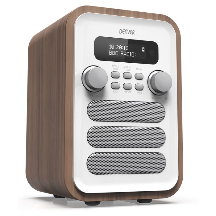 Denver DAB-48 Radio Digital Personal DAB+ FM Bluetooth Reloj Alarma Altavoces Blanco Madera