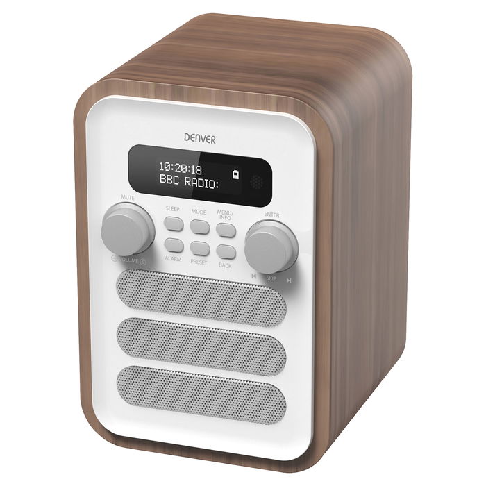 Denver DAB-48 Radio Digital Personal DAB+ FM Bluetooth Reloj Alarma Altavoces Blanco Madera