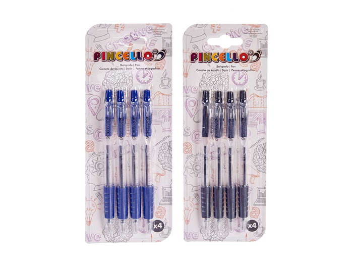 Pincello Set 4 Bolígrafos Pulsador Surtidos, Plástico, Colores Surtidos (Azul, Negro), Dimensiones 8 x 21 x 2.5 cm (Set de 24)