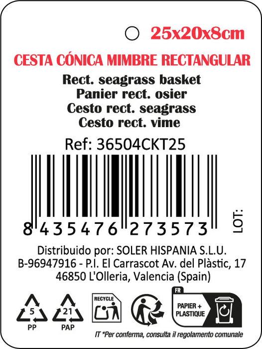 Privilege Cesta Cónica de Mimbre Rectangular Korn, 24.2 x 18.9 x 9.6 cm (24 Unidades)