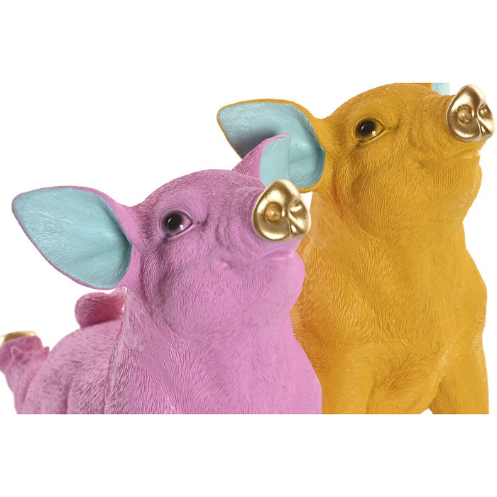 DKD Home Decor Figura de Cerdo Dorado en Resina, Pack de 2