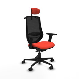 Silla de oficina Mardos con mecanismo Sincro/Traslack tapizada con Tela color Naranja oscuro y malla color Negro. Equipada con lumbar 1D, Brazos 2D, Cabecero 2D y Ruedas 65mm nailon