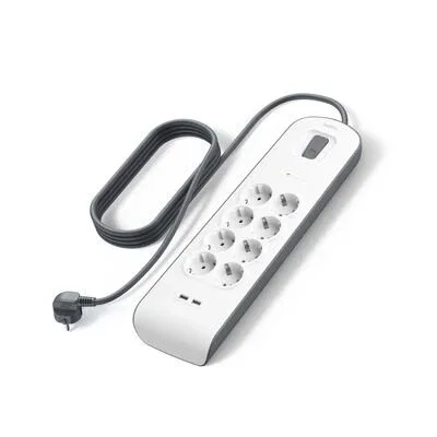 Belkin BSV804VF2M-V2 Regleta de Sobretensión con 8 Enchufes y 2 Puertos USB-A, 2m Cable, Color Gris y Blanco