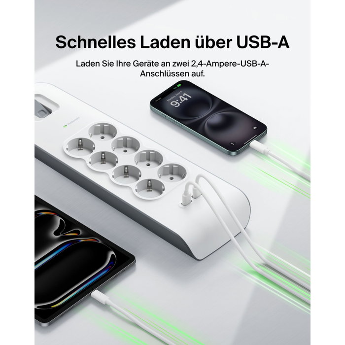 Belkin BSV804VF2M-V2 Regleta de 8 enchufes y 2 USB-A Blanco/Gris