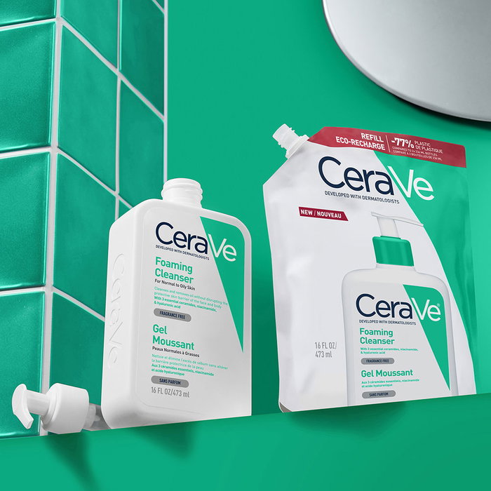 Cerave Gel Limpiador Espumoso 473 ml para piel normal y grasa con 3 Ceramidas, Niacinamida y Ácido Hialurónico
