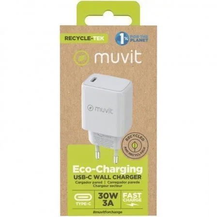 Muvit For Change MCACC0014 Cargador de Pared USB Tipo-C PD 30W Blanco, Reciclable y Ecológico