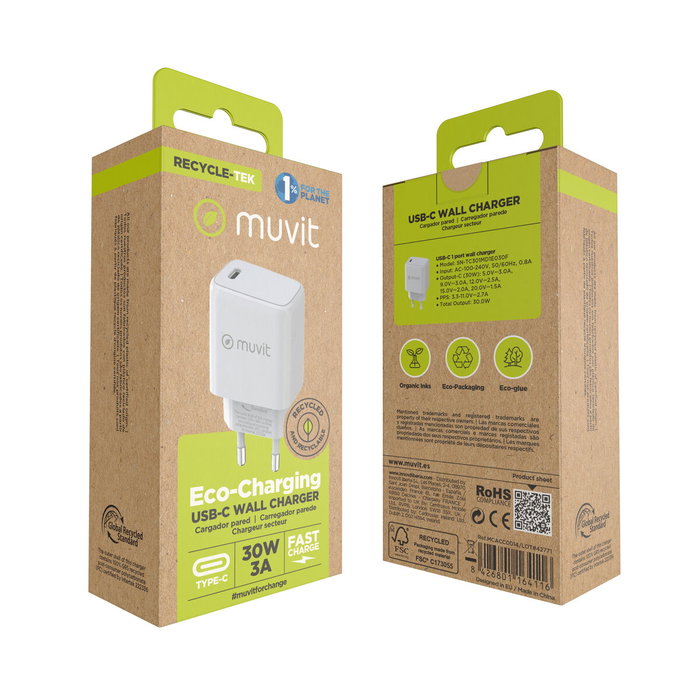 Muvit For Change Cargador de Pared MCACC0014 USB Tipo-C 30W Blanco Muvit For Change Cargador de Pared MCACC0014 USB Tipo-C 30W Blanco