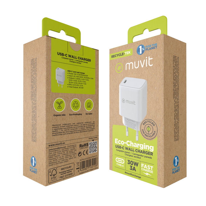 Muvit For Change Cargador de Pared MCACC0014 USB Tipo-C 30W Blanco Muvit For Change Cargador de Pared MCACC0014 USB Tipo-C 30W Blanco