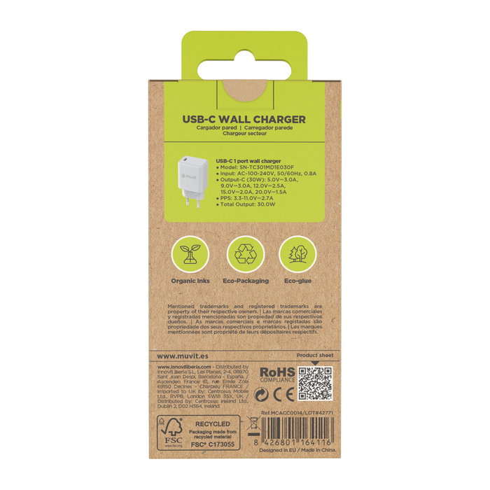 Muvit For Change Cargador de Pared MCACC0014 USB Tipo-C 30W Blanco Muvit For Change Cargador de Pared MCACC0014 USB Tipo-C 30W Blanco