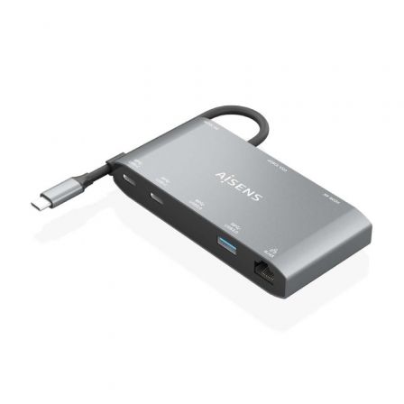 AISENS - USB-C DOCK 8 EN 1, USB-C A 1xHDMI, 1xVGA, 1xRJ45, 2xUSB-A, 2xUSB-C 5G, 1xUSB-C PD, GRIS, 20CM