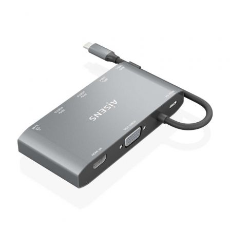 AISENS - USB-C DOCK 8 EN 1, USB-C A 1xHDMI, 1xVGA, 1xRJ45, 2xUSB-A, 2xUSB-C 5G, 1xUSB-C PD, GRIS, 20CM