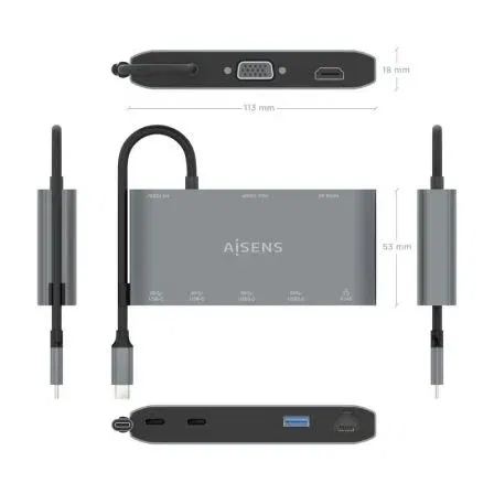AISENS - USB-C DOCK 8 EN 1, USB-C A 1xHDMI, 1xVGA, 1xRJ45, 2xUSB-A, 2xUSB-C 5G, 1xUSB-C PD, GRIS, 20CM