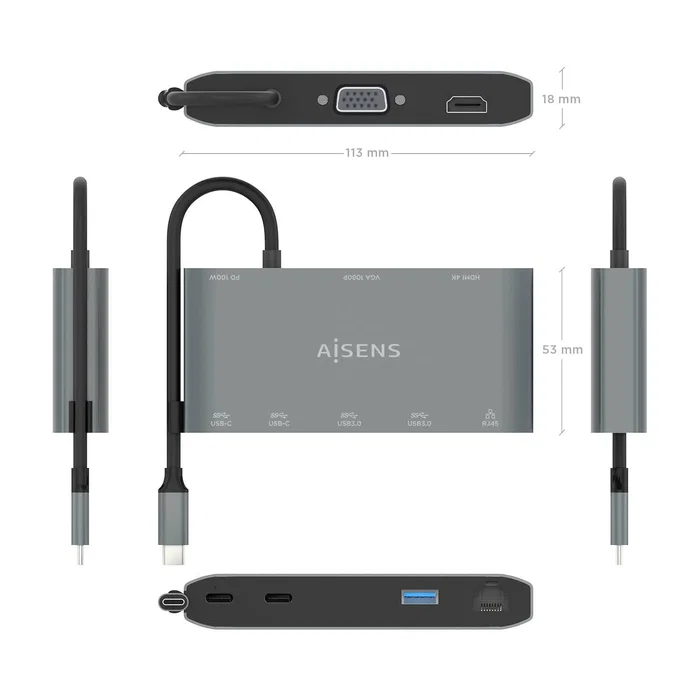 Aisens USB-C Dock 8 en 1 ASUC-8P010-GR Gris con HDMI, VGA y RJ45