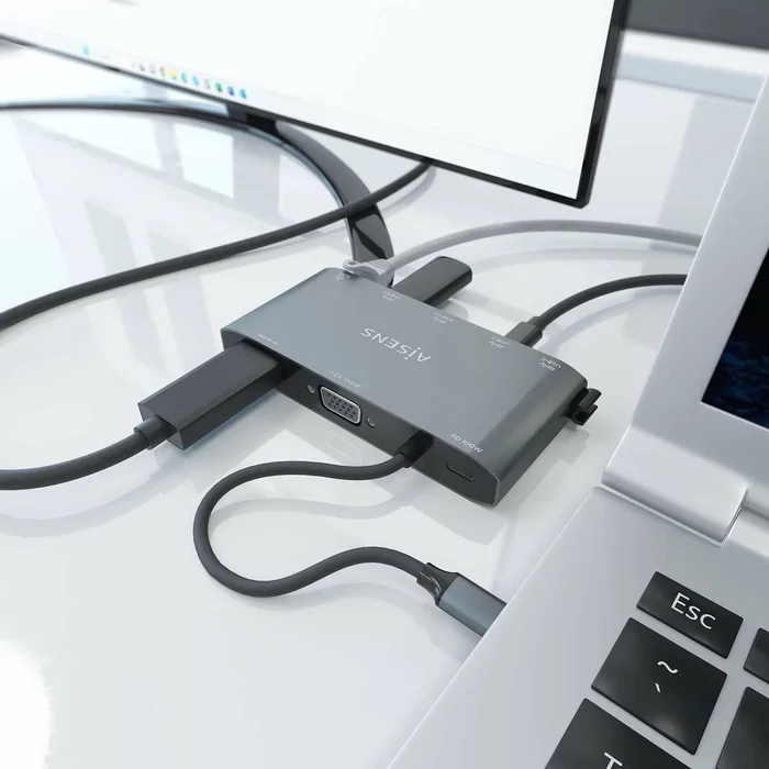 Aisens USB-C Dock 8 en 1 ASUC-8P010-GR Gris con HDMI, VGA y RJ45
