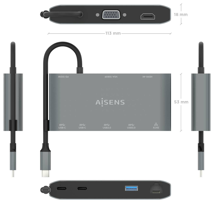 Aisens USB-C Dock 8 en 1 ASUC-8P010-GR Gris