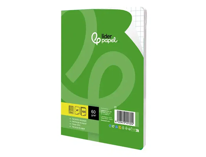 Liderpapel Recambio Cuarto 100 Hojas 60gr Cuadro 8mm con Margen 6 Taladros Liderpapel Recambio Cuarto 100 Hojas 60gr Cuadro 8mm con Margen 6 Taladros
