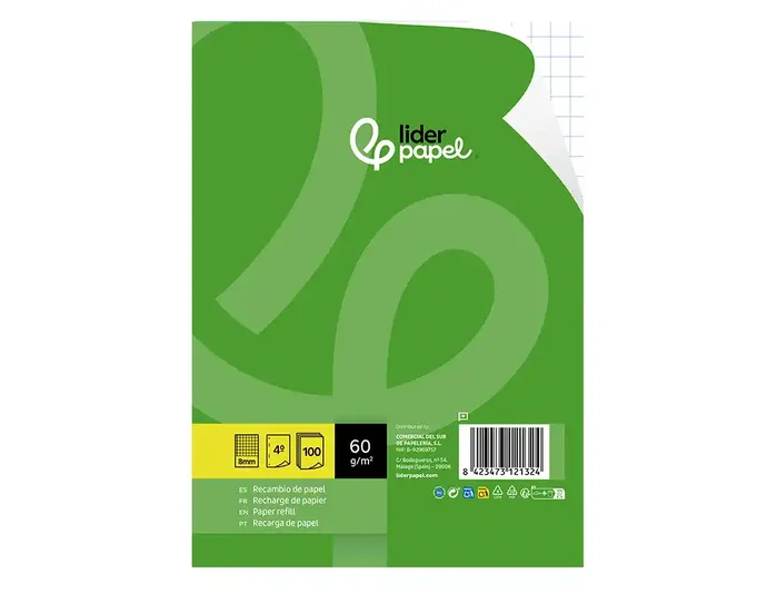Liderpapel Recambio Cuarto 100 Hojas 60gr Cuadro 8mm con Margen 6 Taladros Liderpapel Recambio Cuarto 100 Hojas 60gr Cuadro 8mm con Margen 6 Taladros