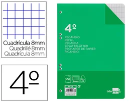 Liderpapel Recambio Cuarto 100 Hojas 60gr Cuadro 8mm con Margen 6 Taladros