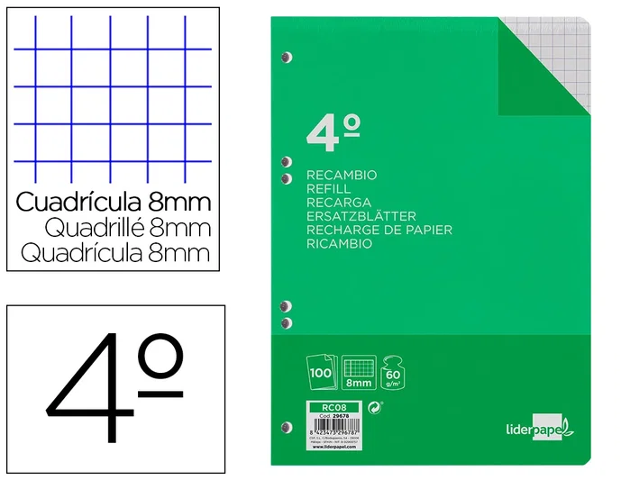 Liderpapel Recambio Cuarto 100 Hojas 60gr Cuadro 8mm con Margen 6 Taladros Liderpapel Recambio Cuarto 100 Hojas 60gr Cuadro 8mm con Margen 6 Taladros