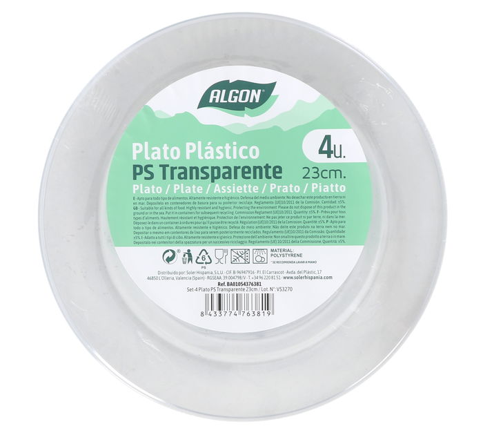 Algon Set 4 Platos Transparentes de Plástico (PS) 23 cm (24 Unidades)