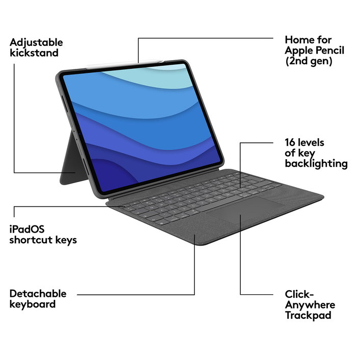 Logitech 920-010214 Teclado QWERTY con Trackpad para Apple iPad Pro 12.9" 5.ª Gen, Retroiluminado, Cubierta, Gris Oxford Logitech 920-010214 Teclado QWERTY con Trackpad para Apple iPad Pro 12.9" 5.ª Gen, Retroiluminado, Cubierta, Gris Oxford