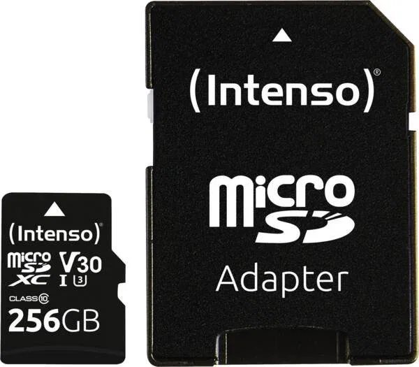 Intenso 3433492 Tarjeta MicroSDXC 256GB Clase 10 UHS-I U3 V30 100MB/s + Adaptador SD - Resistente a Agua, Golpes, Temperatura y Rayos X