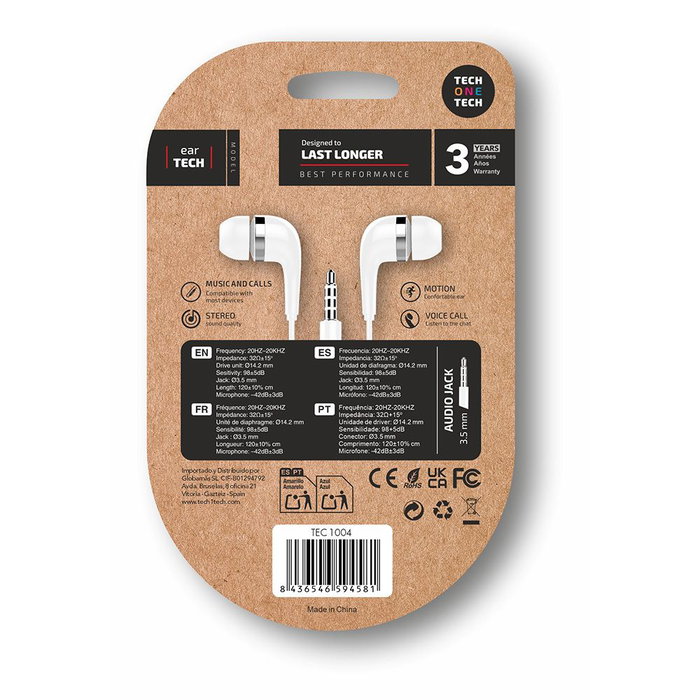 Tech One Tech Eartech Auriculares Intraurales con Micrófono Cable Blanco 3.5 mm Compatibles con Apple Android Windows