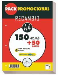 PACSA Bloc de recambio A4 200 hojas cuadrícula 4x4 con 4 taladros