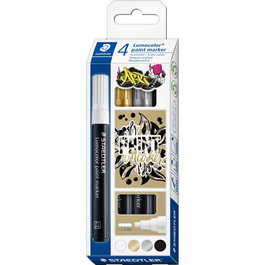 Rotulador Acrilico Staedtler 349 Lumocolor Paint Permanente Estuche De 4 (Blanco, Negro, Oro Y Plata)