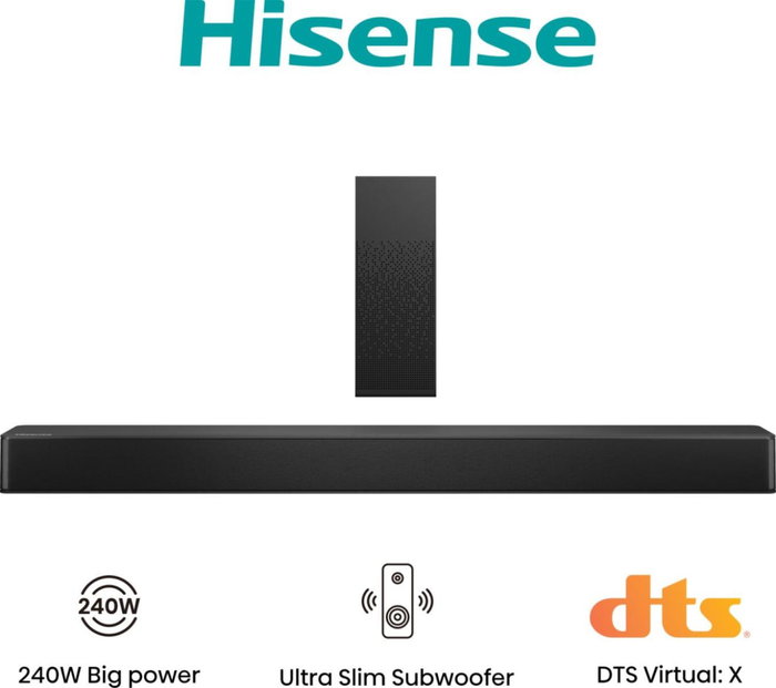 Hisense HS2100 - Barra de Sonido 2.1 Canales 240W con Subwoofer Inalámbrico, DTS Virtual:X y Dolby Digital, Color Negro