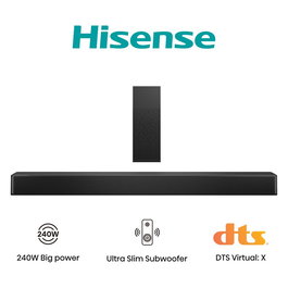 Hisense HS2100 - Barra de sonido 2.1 canales con subwoofer inalámbrico, 240W RMS, DTS Virtual:X, Dolby Digital Plus, Bluetooth 5.3, HDMI ARC, USB, negro