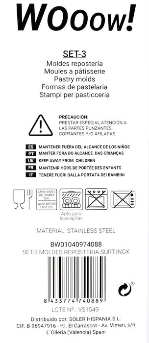 Wooow Set 3 Moldes Repostería Surtido Inox 19 cm Ancho 7 cm Alto 3 cm (36 Unidades)